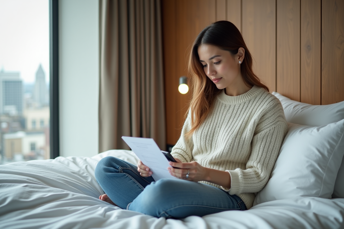 Femme en sweater vérifiant un reçu sur son smartphone dans une chambre d'hôtel