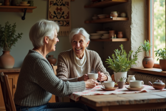 Femme souriante avec un hôte offrant une tasse de thé dans une cuisine chaleureuse