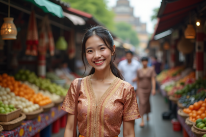 Femme thaïlandaise souriante dans un marché coloré
