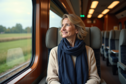 Femme détendue dans un train confortablement assise