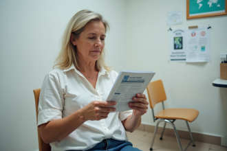 Femme française en salle d'attente avec brochure sur le cholera