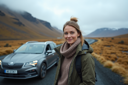 Femme devant une voiture en Islande avec paysage volcanique