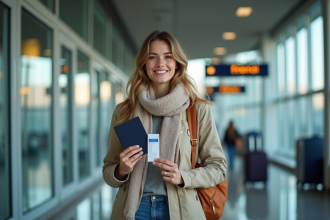 Jeune femme souriante avec passeport à l'aéroport
