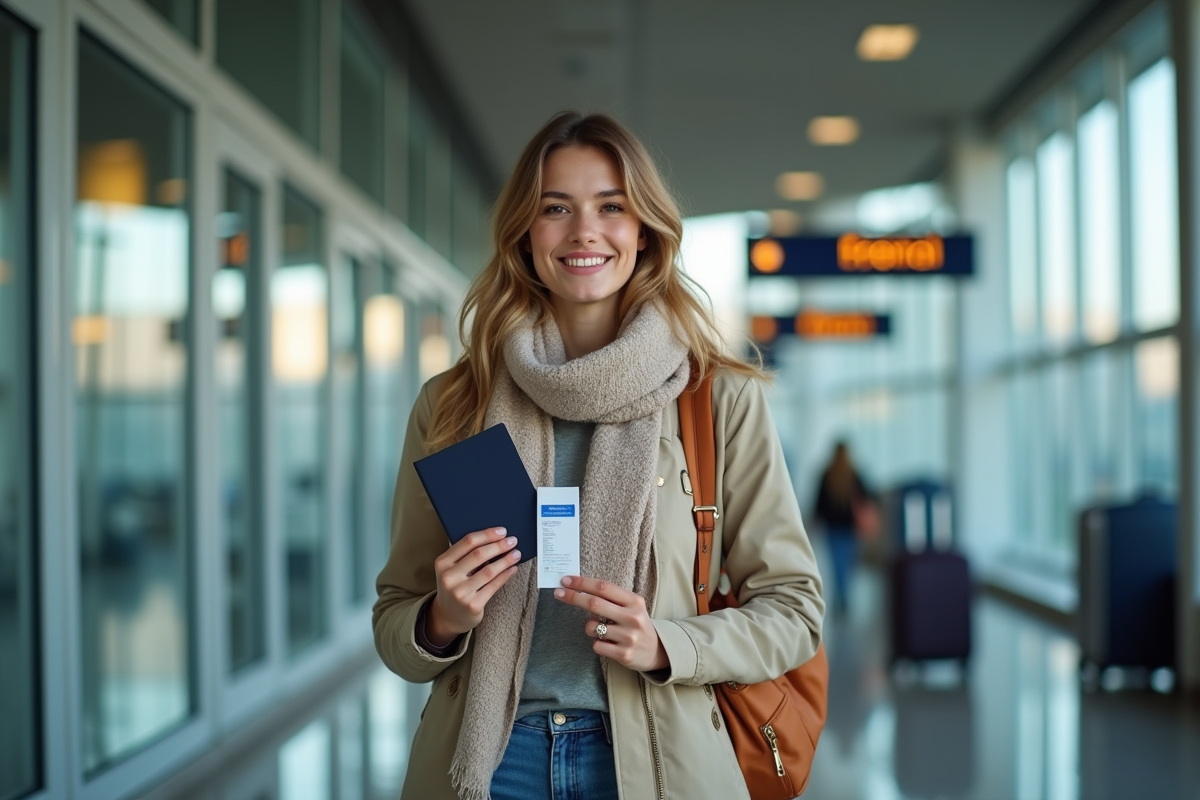 Jeune femme souriante avec passeport à l'aéroport