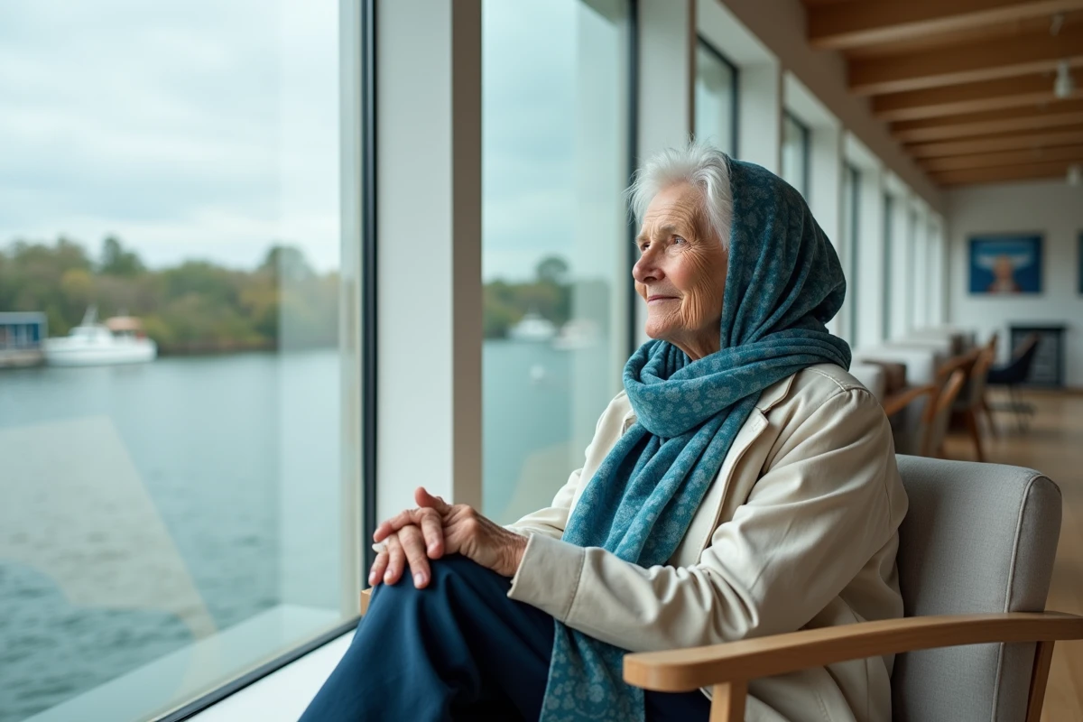 Femme âgée regardant par une grande fenêtre dans une maison flottante