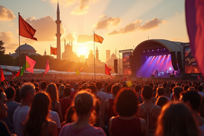 Festival de musique en plein air au coucher du soleil avec foule diverse