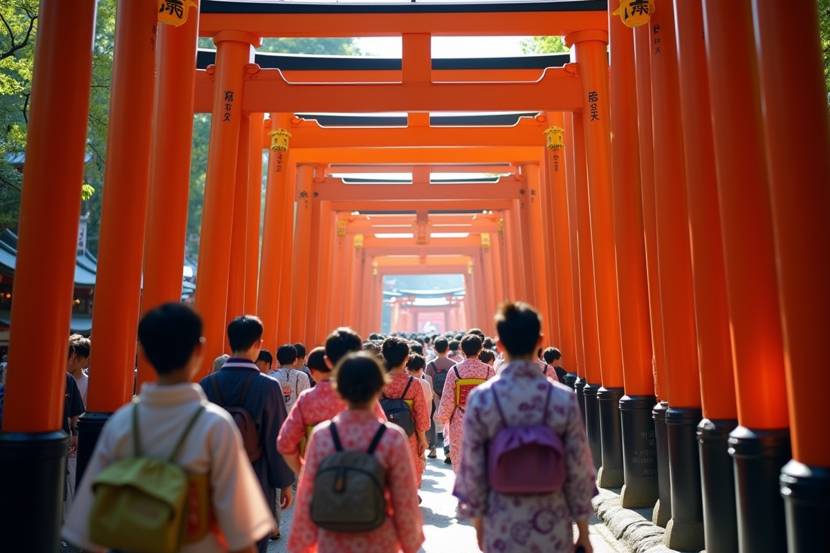 Festival shinto avec yukata et torii rouges dans la lumière du soleil