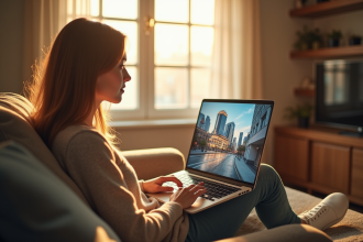 Jeune femme utilisant un ordinateur pour une visite virtuelle de la ville