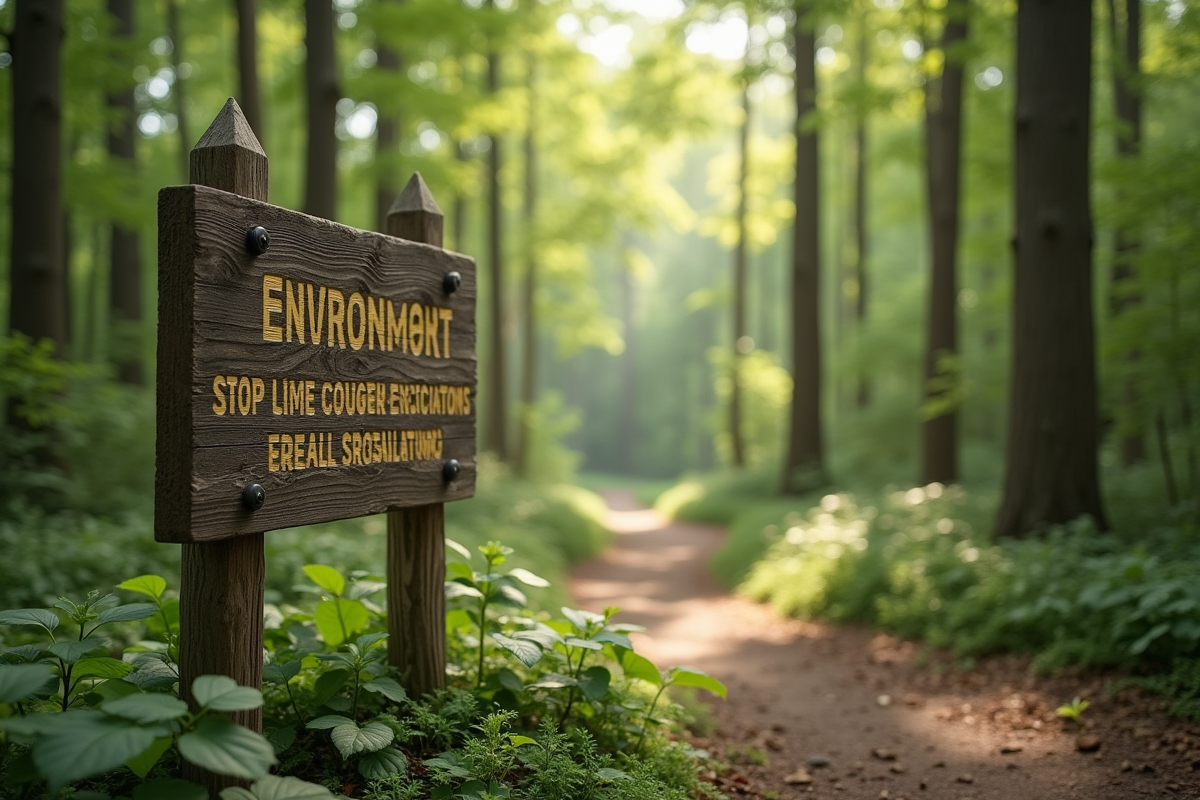 Forêt bien entretenue avec panneau réglementations nature