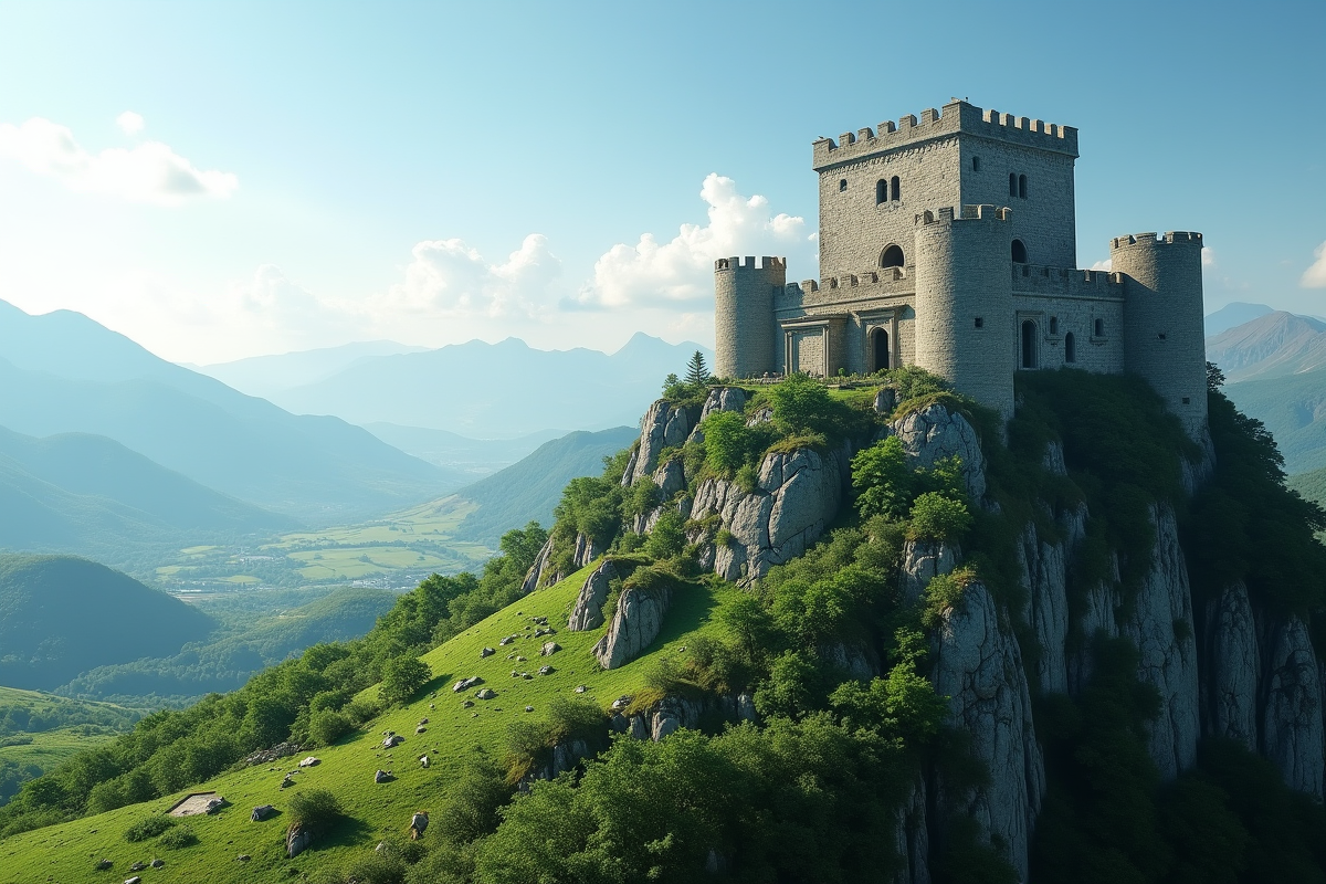 Forteresse ancienne en pierre sous un ciel bleu lumineux