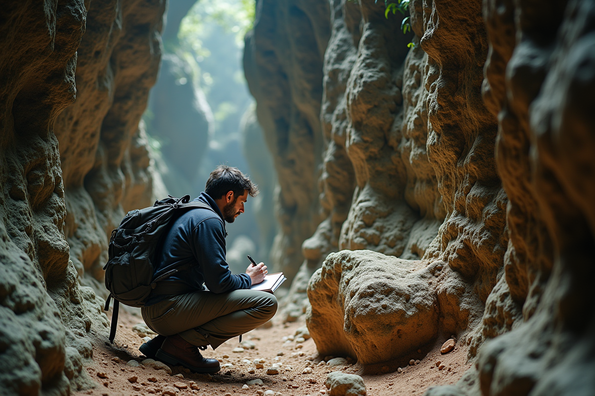 Géologue examinant stalagmite dans la grotte Son Doong