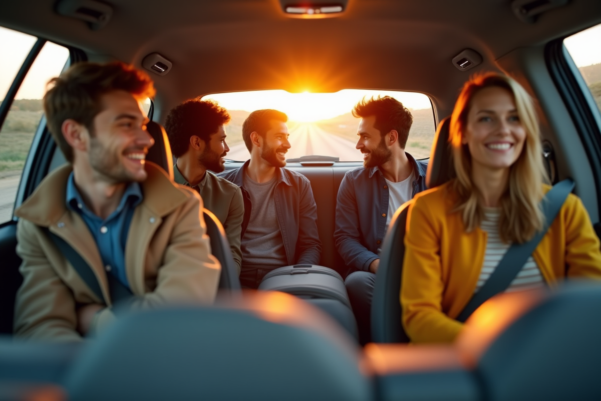 Quatre adultes dans une voiture moderne en journée