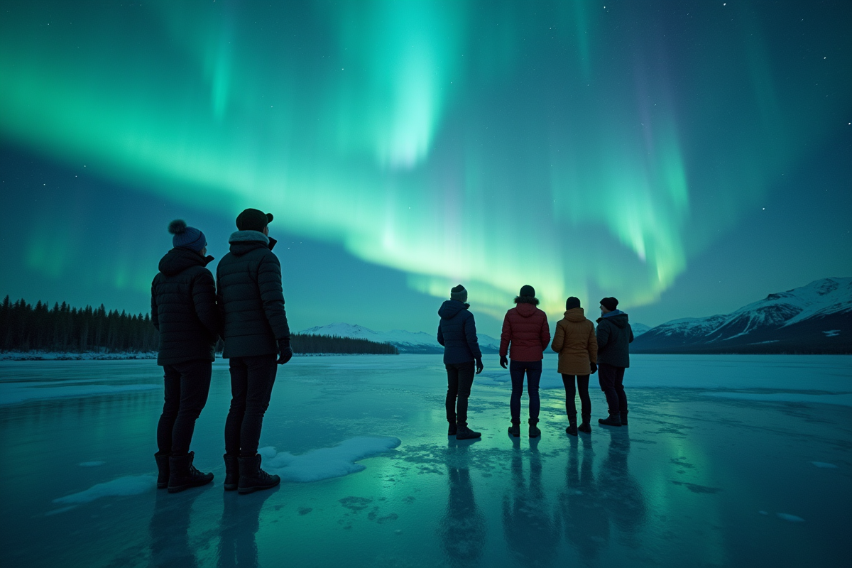 Groupe de personnes regardant les aurores sur un lac gelé