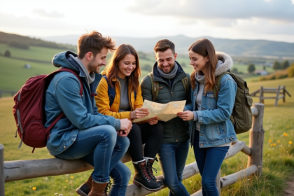 Groupe de jeunes adultes en randonnée dans la campagne