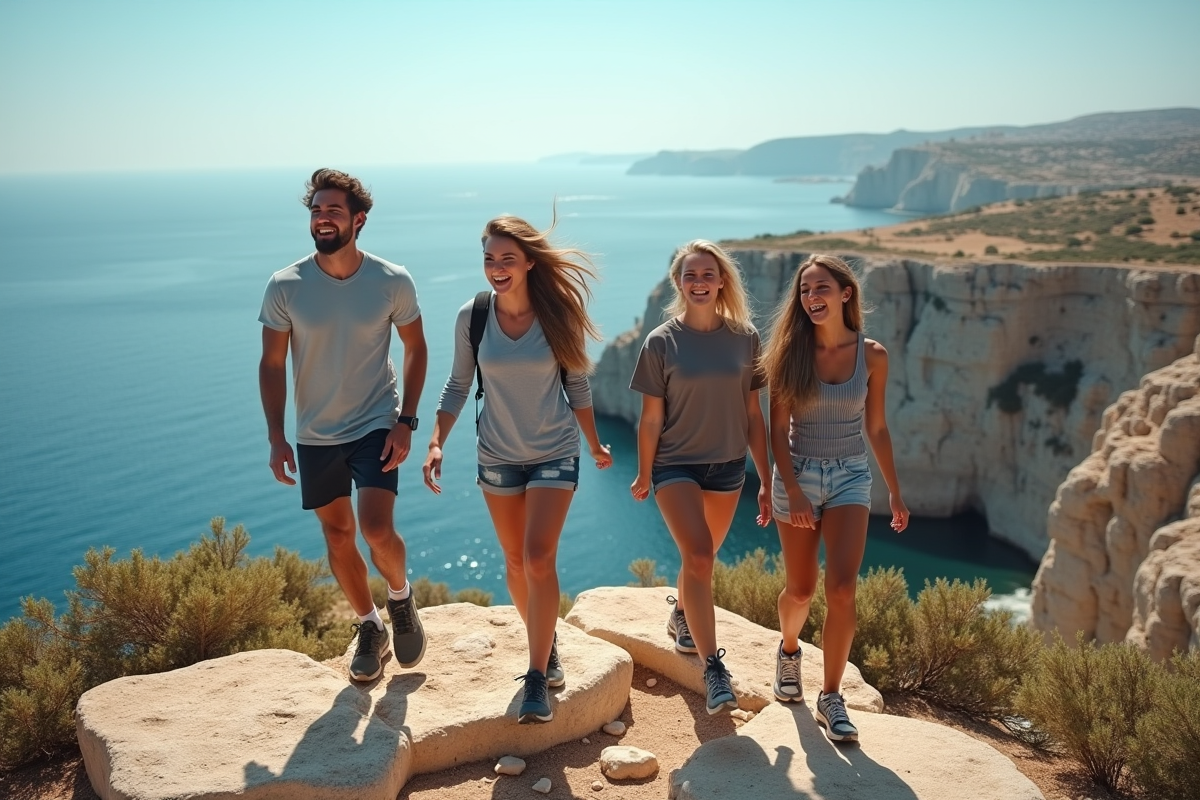 Jeunes adultes randonneurs sur falaises maltaises