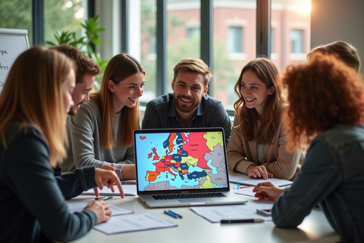 Groupe de jeunes européens discutant autour d'un ordinateur dans un espace de coworking lumineux