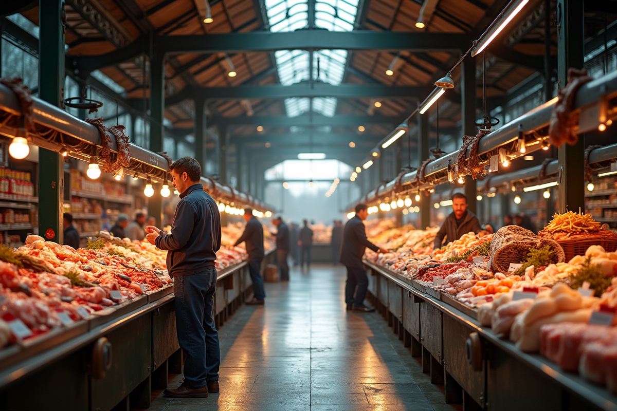Hall de marché intérieur avec poissons et fromages en Europe