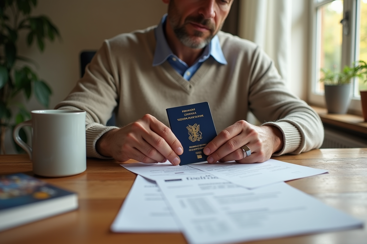 Homme vérifiant son passeport et documents de voyage