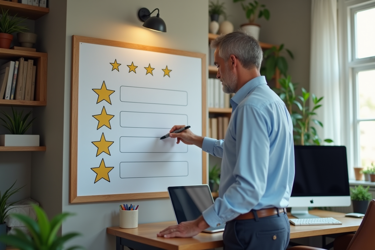 Homme notant des etoiles sur un tableau d evaluation
