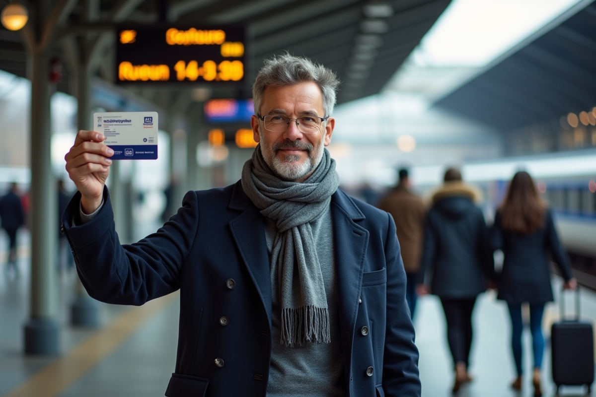 Homme sur la plateforme de train européenne avec son Interrail