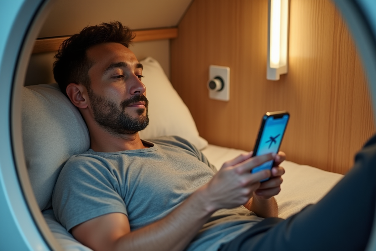 Homme relaxant dans un capsule hôtel avec application voyage