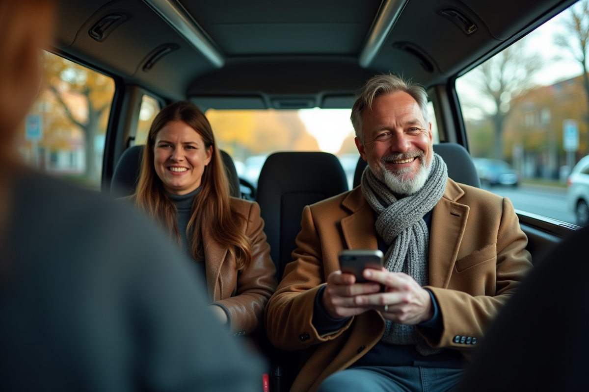 Homme d âge moyen souriant dans une voiture en ville