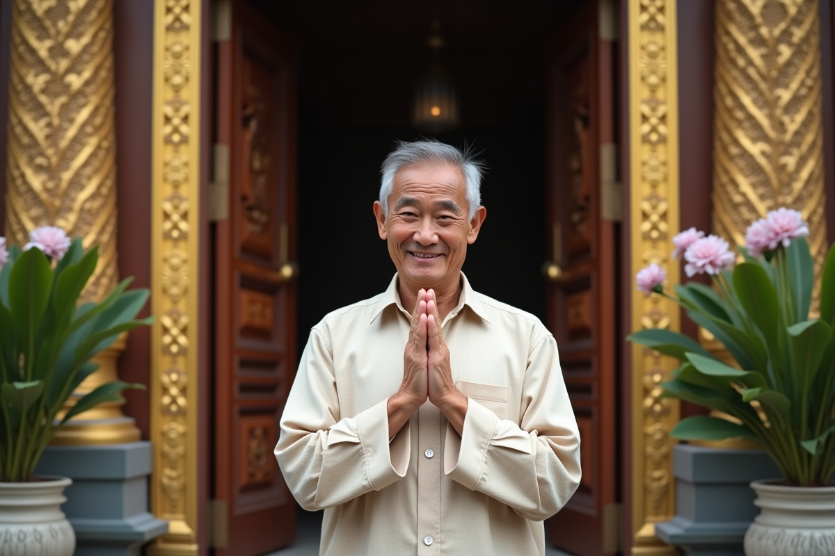 Homme thaïlandais saluant devant un temple orné