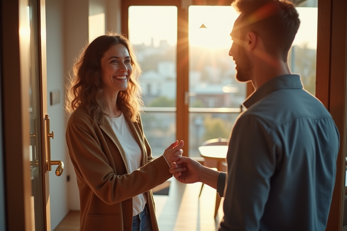 Hôte Airbnb accueillant chaleureusement des invités à l'entrée