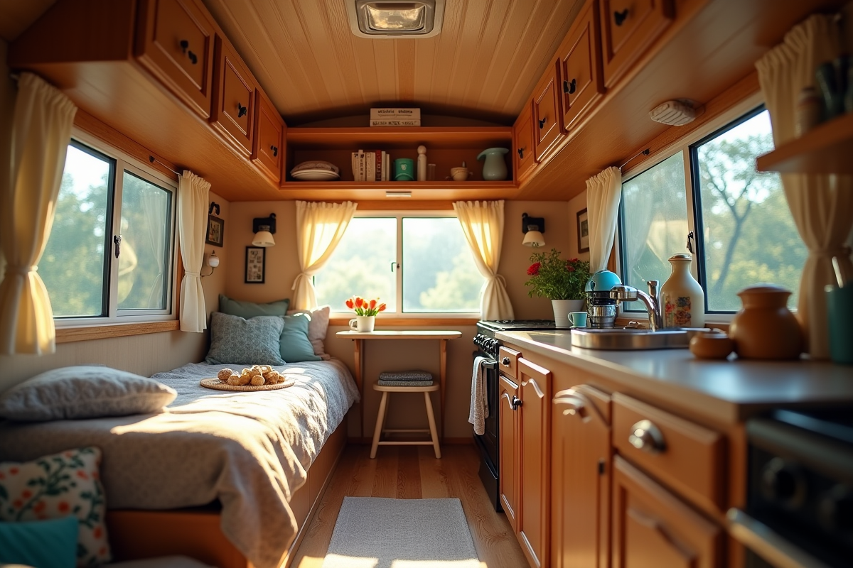 Intérieur chaleureux d'une caravane en toute saison avec lumière naturelle
