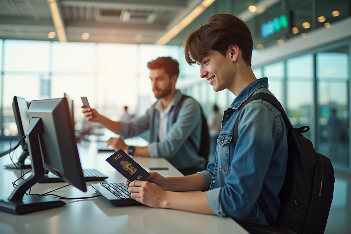 Jeune adulte montrant son permis international et passeport à l'aéroport