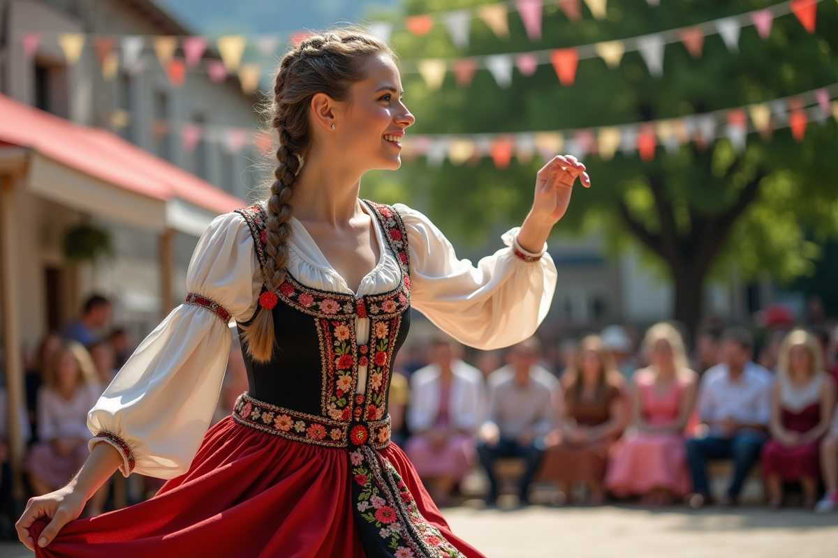 Jeune danseuse en costume traditionnel en pleine performance