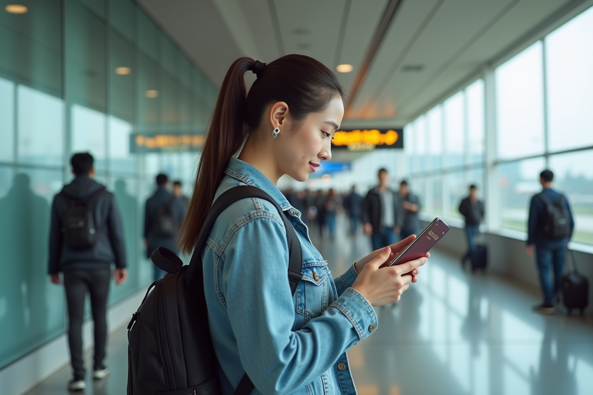 Jeune femme avec sac à dos devant un aéroport japonais