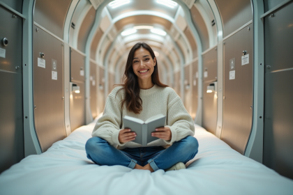 Jeune femme détendue dans un capsule hôtel moderne