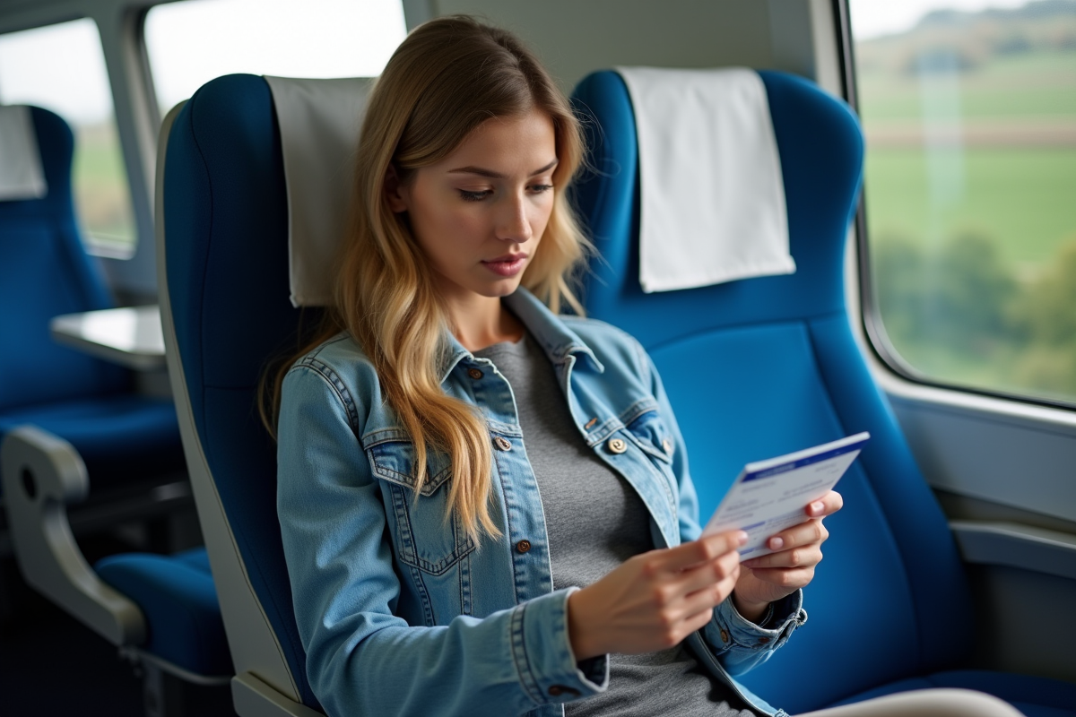 Jeune femme en train examinant son billet Eurostar dans le train