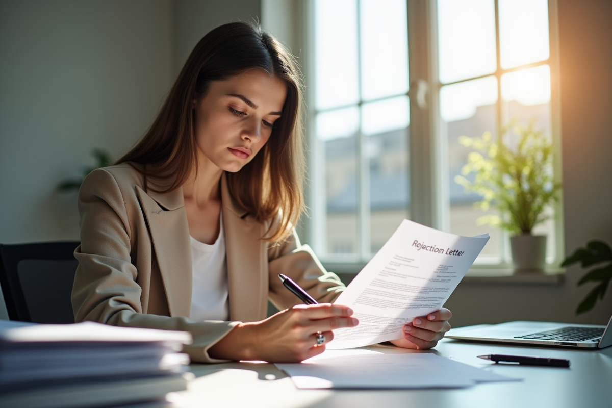 Jeune femme sérieuse lisant un document officiel avec une lettre de rejet