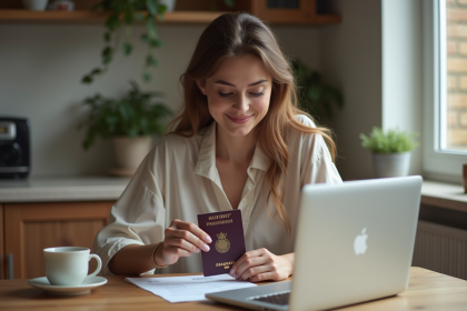 Jeune femme souriante avec passeport dans une cuisine chaleureuse