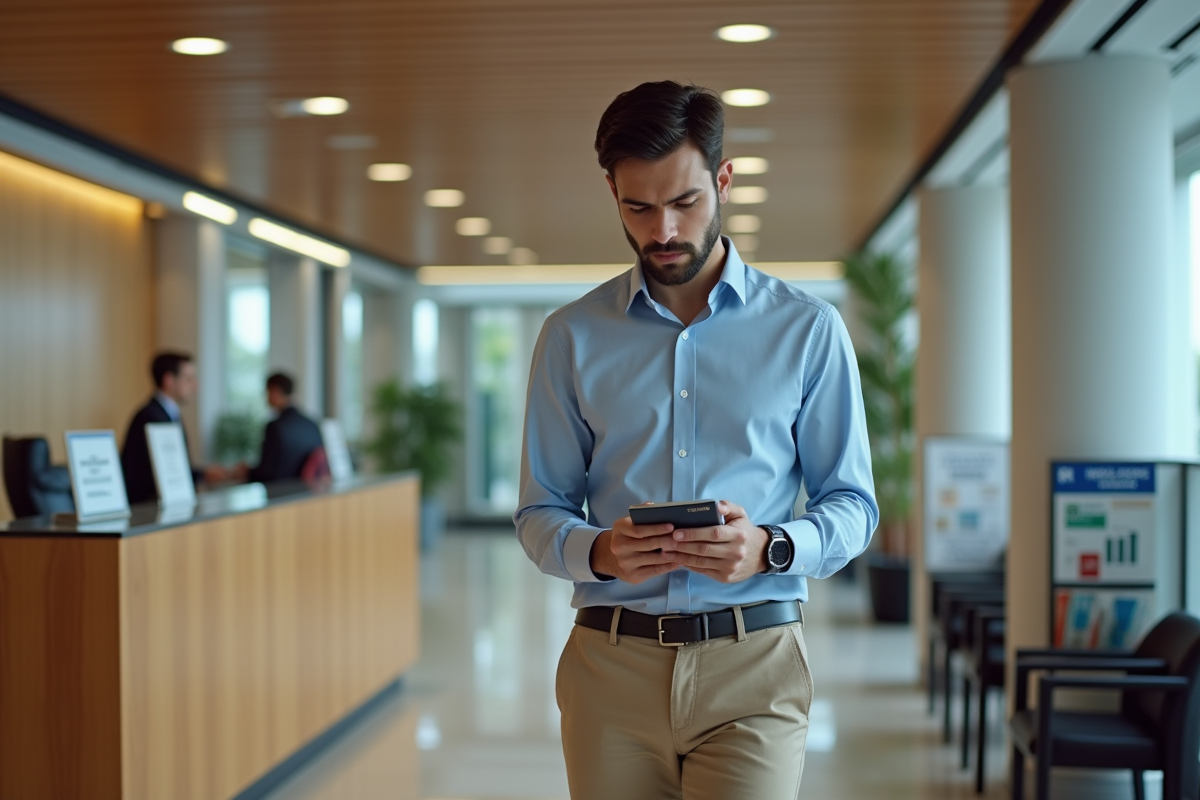 Jeune homme attend dans un espace consulaire avec passeport