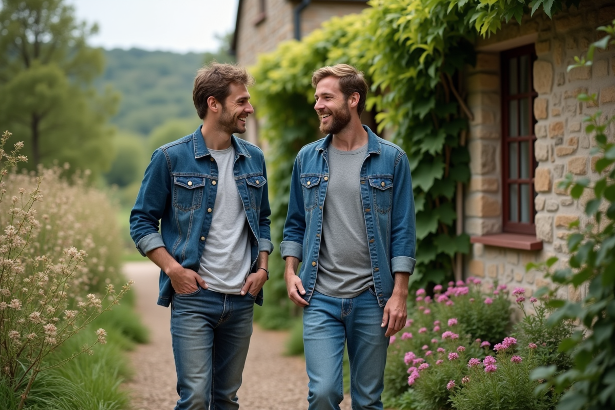 Jeune homme riant avec un fermier devant une maison de campagne