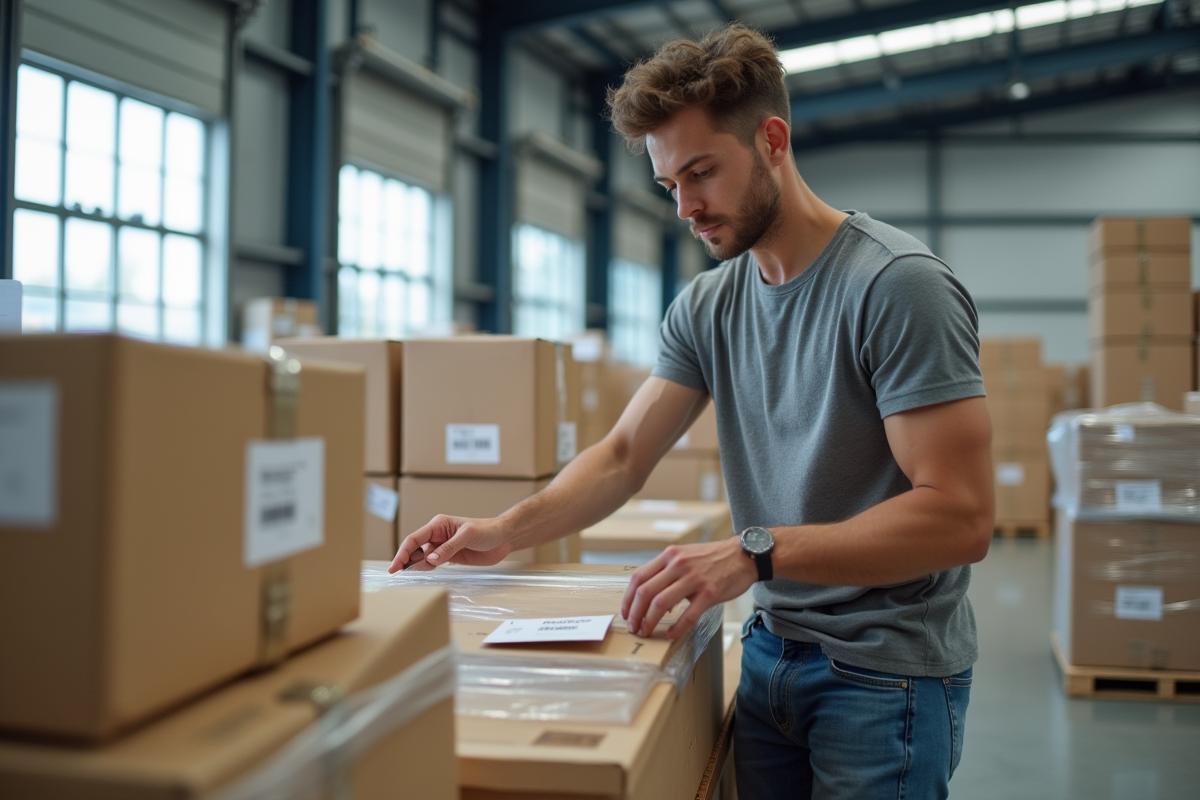 Jeune homme posant une étiquette sur une caisse fragile