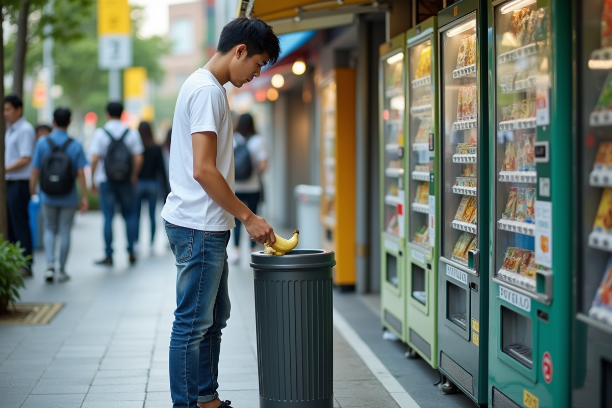 Jeune homme japonais jete un peel de banane dans une poubelle en ville