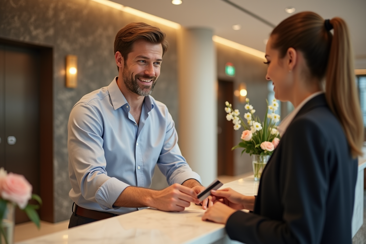 Jeune homme payant à la réception d