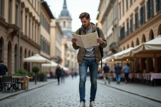Jeune homme regardant une carte dans une ville européenne