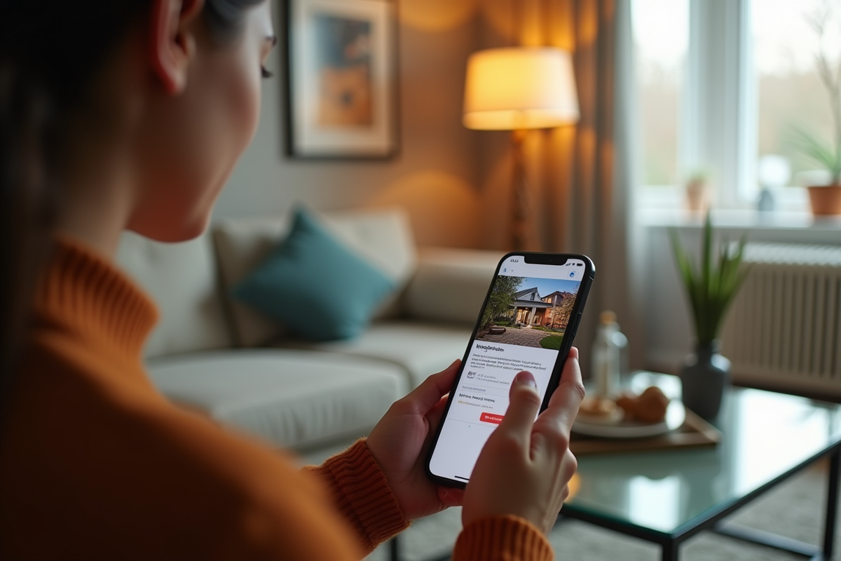 Jeune adulte naviguant sur smartphone dans un salon chaleureux