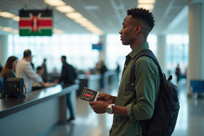 Jeune voyageur à l'immigration avec drapeau du Kenya