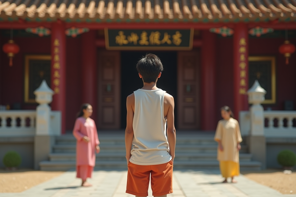 Jeune voyageur devant un temple vietnamien surpris par les locaux