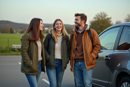 Trois jeunes adultes riant près d un camping car en campagne