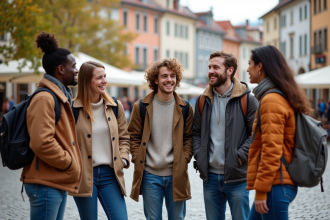 Groupe d'amis souriants dans une ville européenne