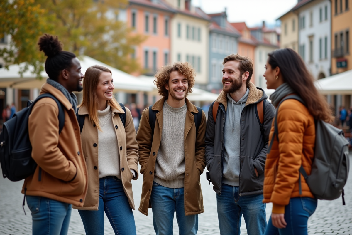 Groupe d'amis souriants dans une ville européenne