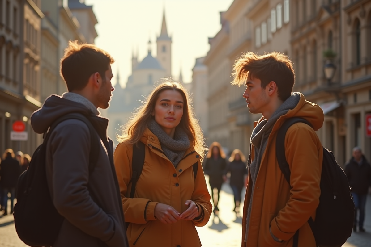 Jeunes parlant en anglais dans une rue européenne pittoresque ensoleillée