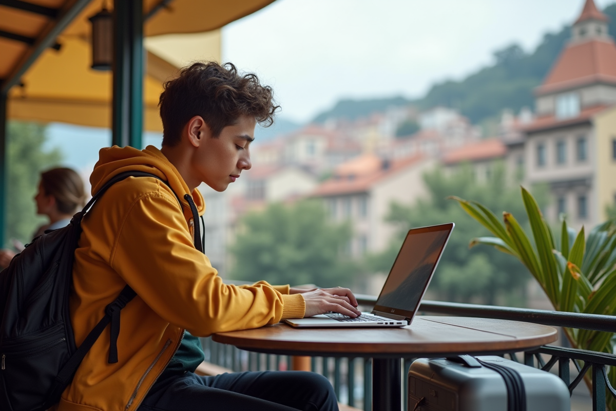 Jeune journaliste voyage travaillant sur un ordinateur dans un café en plein air avec une ville en arrière-plan